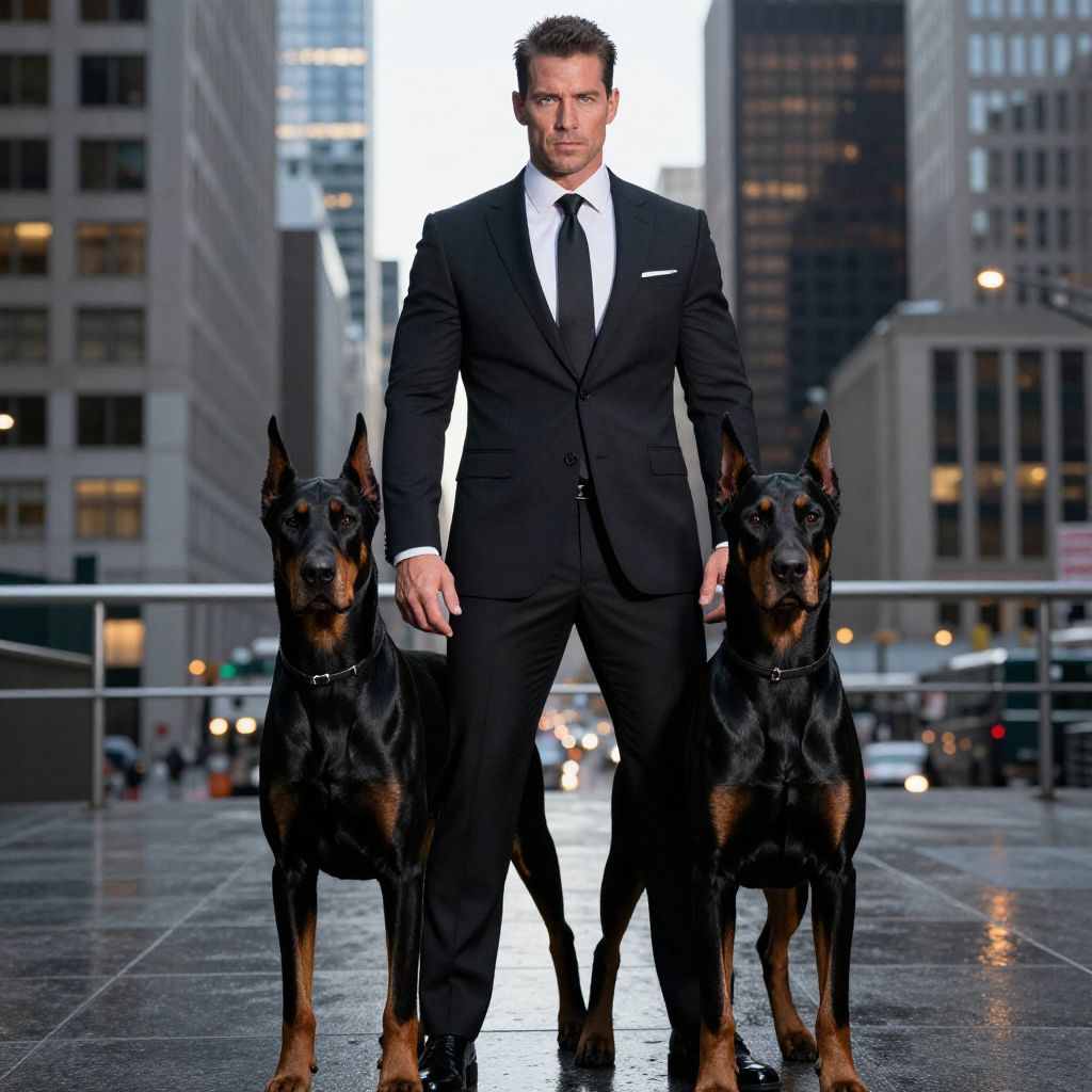 Man in Black Suit with Two Doberman Dogs on Urban Street