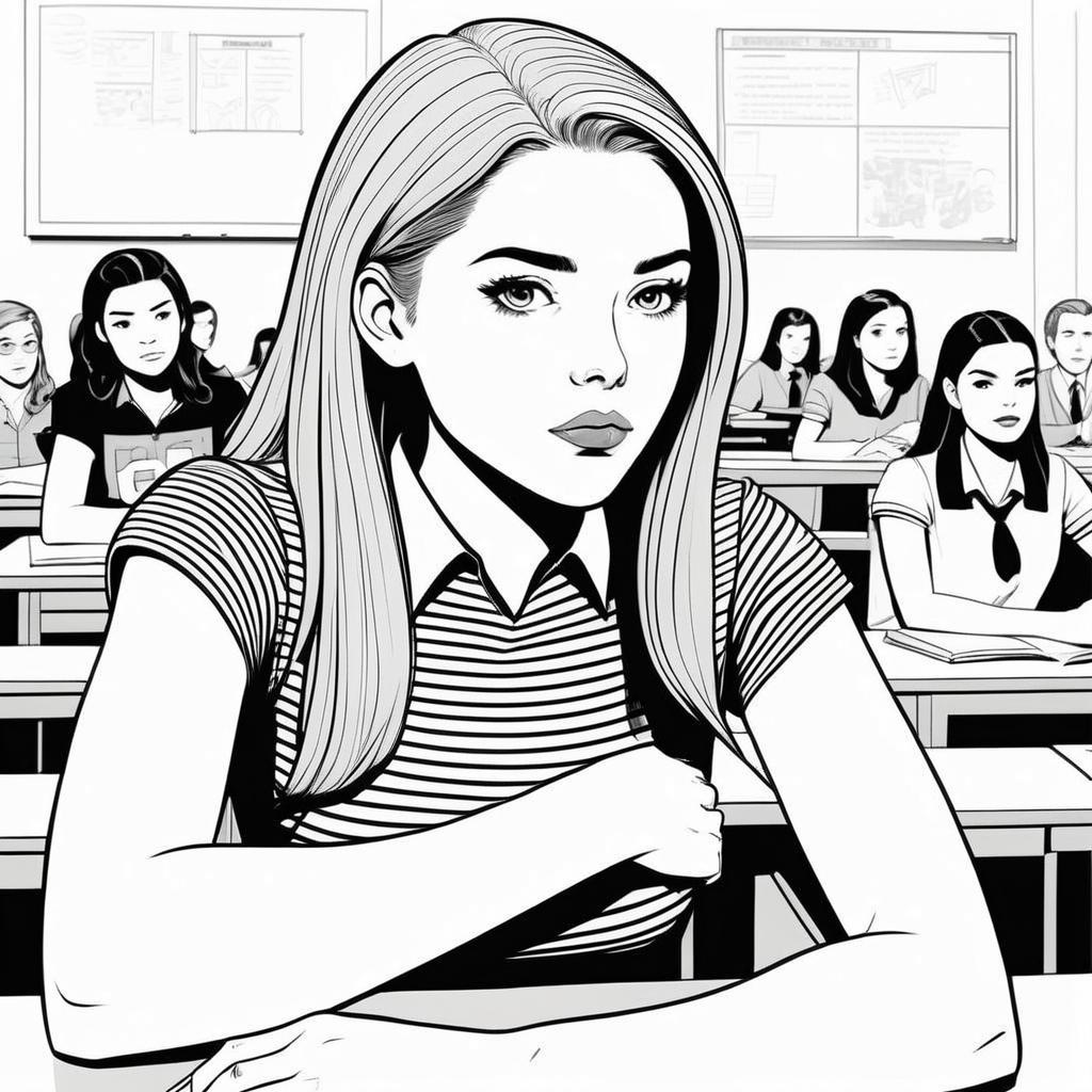 Focused Young Woman in Classroom - Black and White Comic Style Focused Young Woman in Classroom - Black and White Comic Style