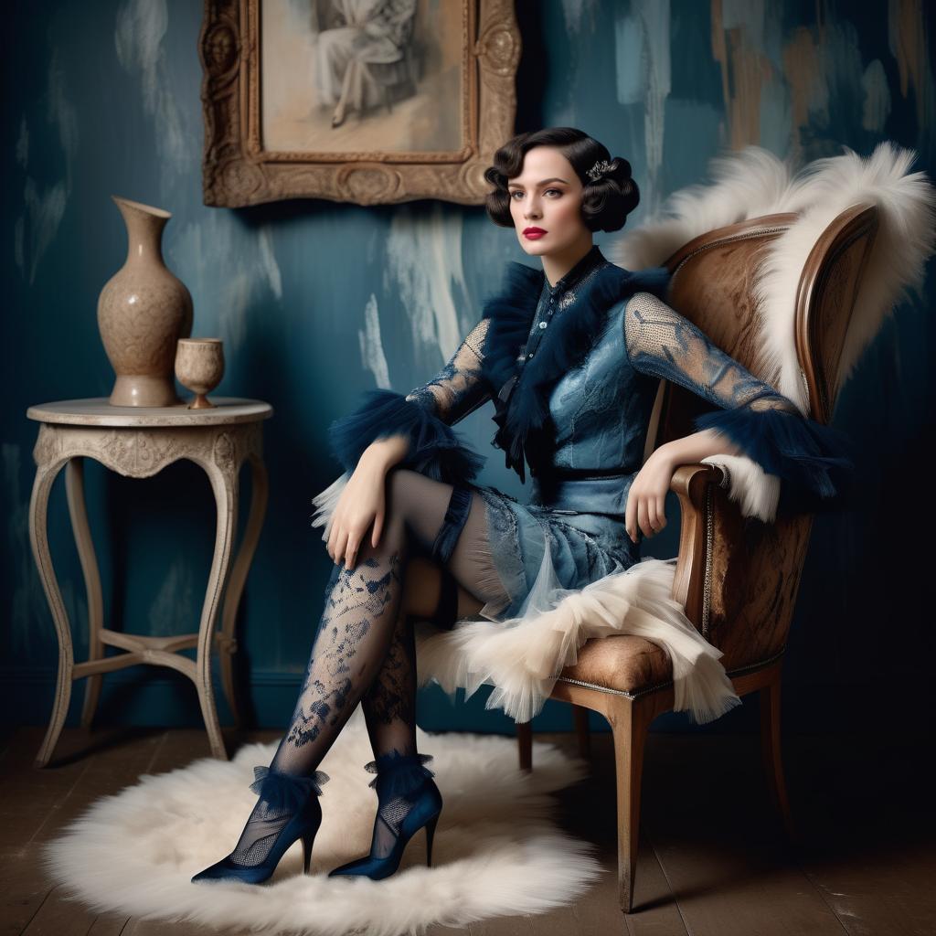 Elegant 1920s Vintage Style Woman Sitting in Armchair in Classic Interior
