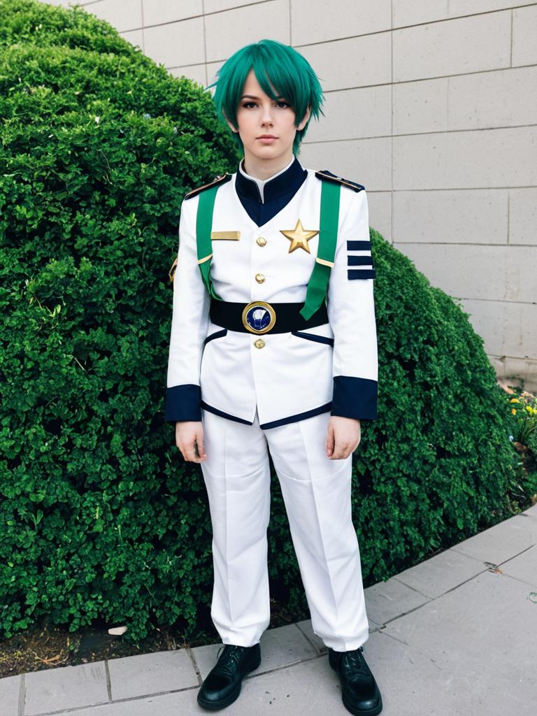 Anime Military Cosplay Woman with Green Hair in White Uniform