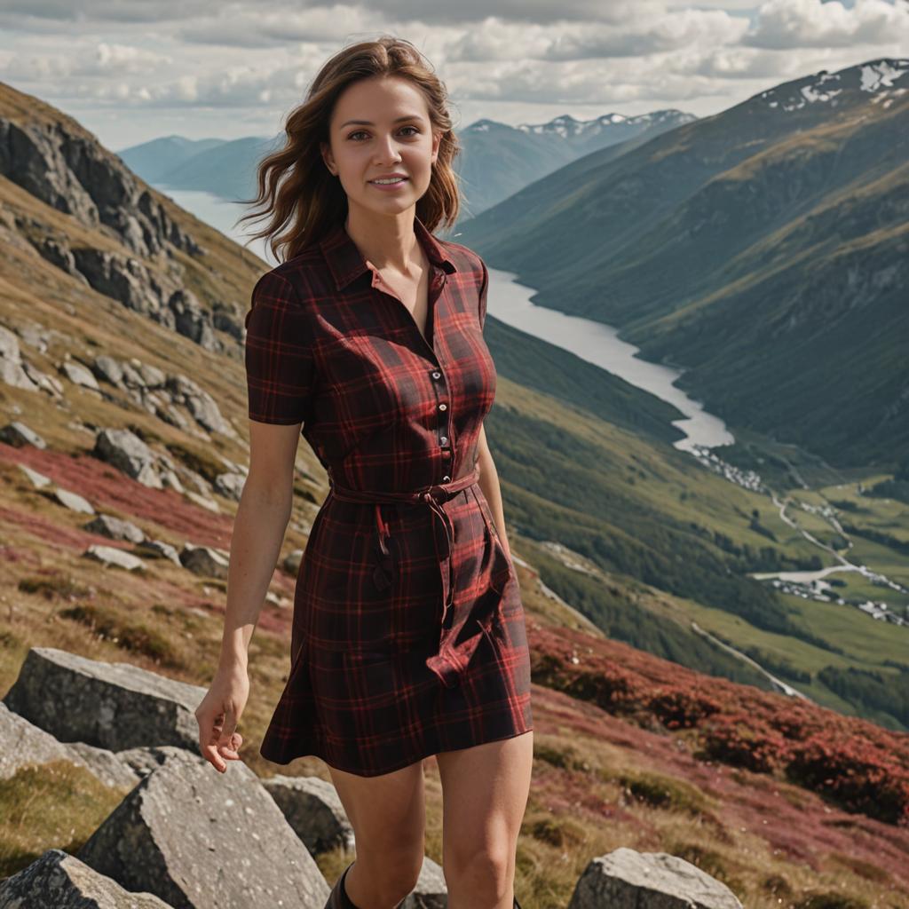 Confident Woman in Plaid Dress by Serene Mountain River