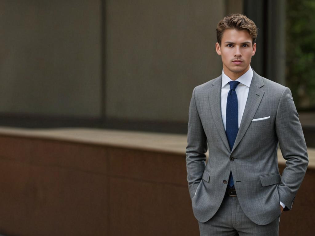 Confident Young Man in Gray Suit Outdoors