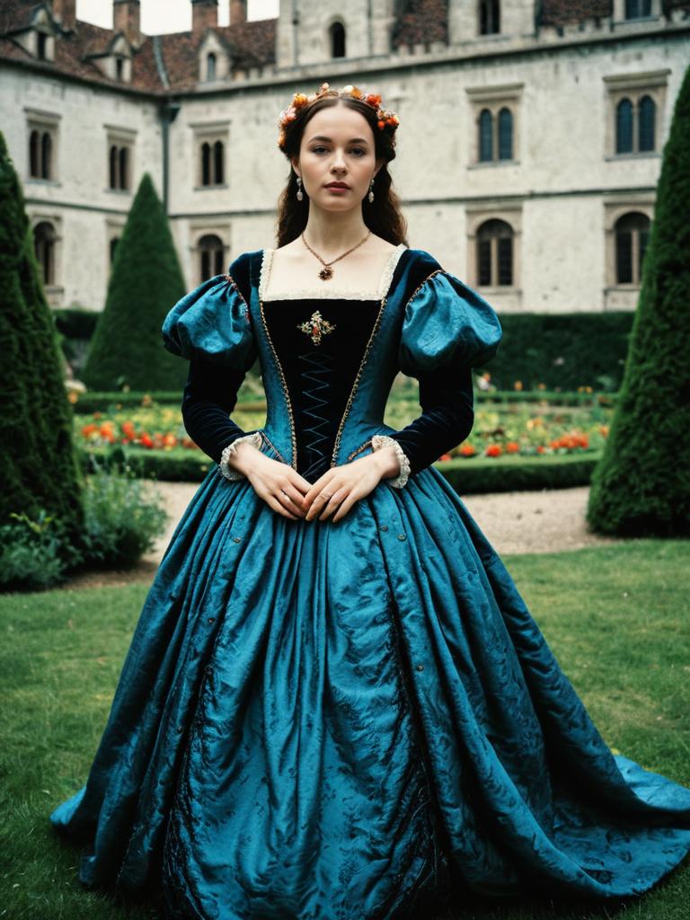 Woman in Renaissance Gown Photorealistic Outdoor Castle Portrait