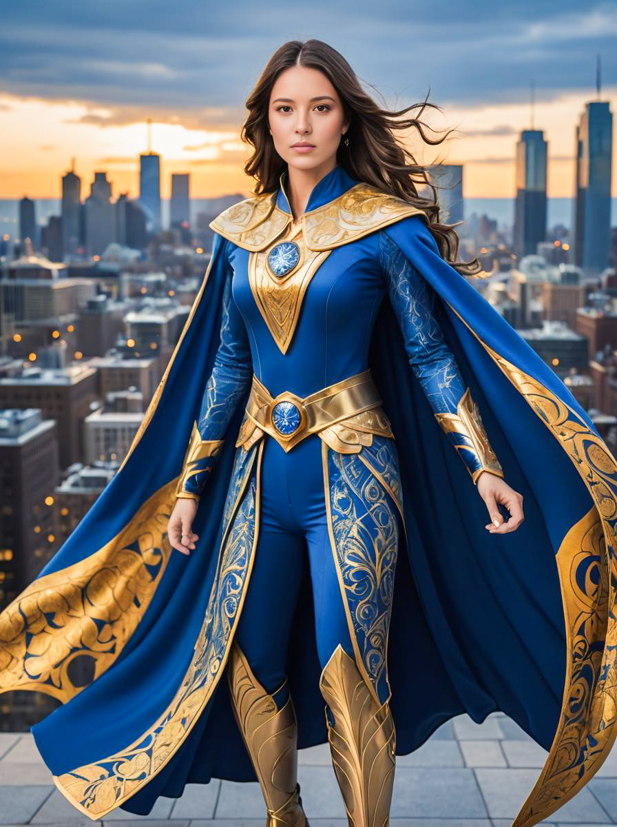 Confident Woman in Blue and Gold Superhero Costume Against City Skyline