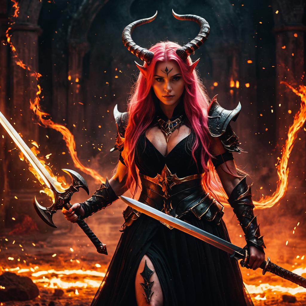 Fantasy Demon Woman Warrior with Dual Swords and Horns in Fiery Dark Environment