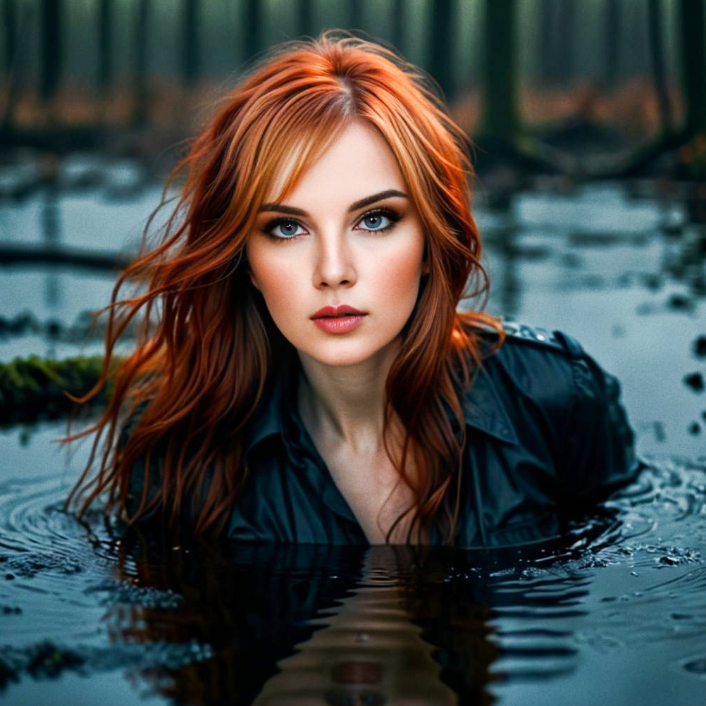 Woman with Reddish-Orange Hair in Serene Water Setting