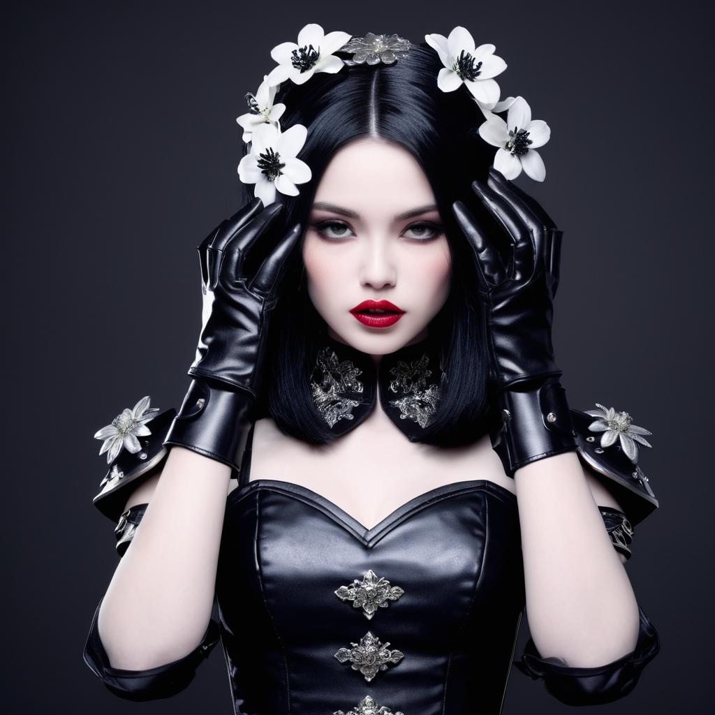 Woman in Black Leather Outfit with Floral Accents Woman in Black Leather Outfit with Floral Accents