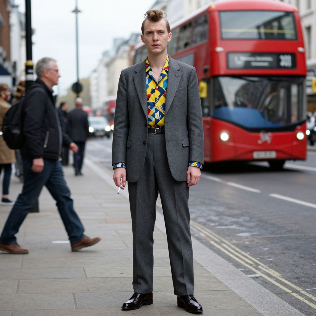Stylish Man in Grey Suit with Patterned Shirt on London Street with Red Double-Decker Bus