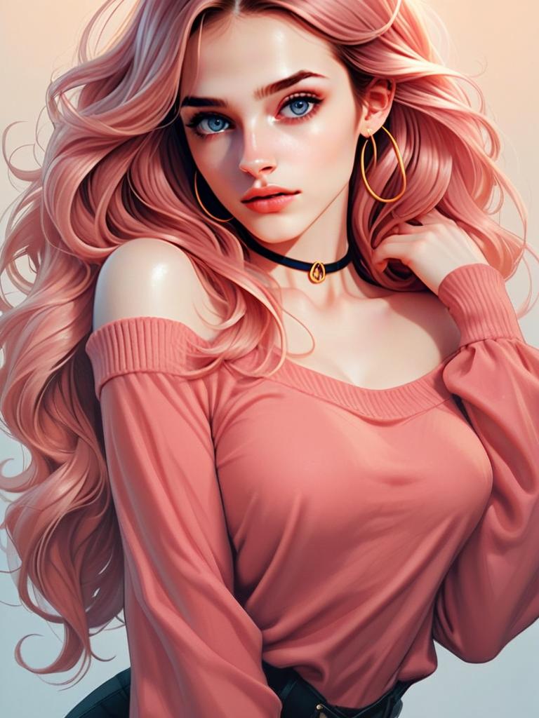 Portrait of Woman with Pink Hair and Blue Eyes in Anime Style