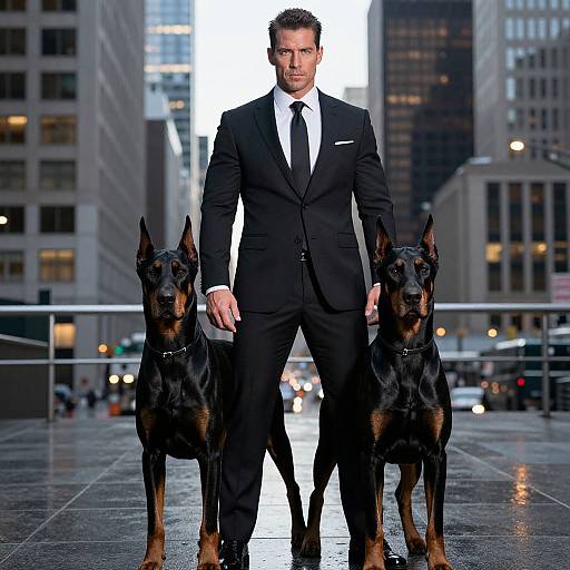Man in Black Suit with Two Doberman Dogs on Urban Street
