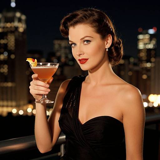 Glamorous Woman in Black Dress Holding Cocktail with City Night Background