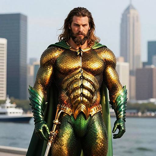 Man in Detailed Aquaman Costume with Beard and Green Cape by Waterfront