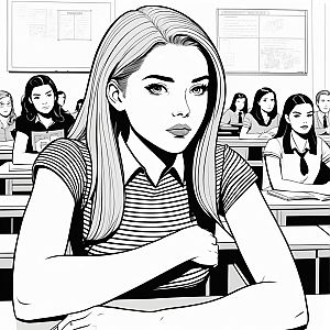 Focused Young Woman in Classroom - Black and White Comic Style