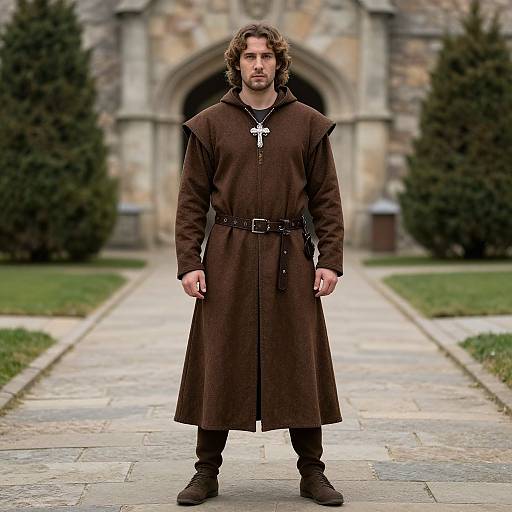 Medieval Man in Brown Monk Robe with Cross Necklace on Historic Stone Pathway