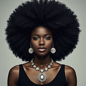Portrait of a Woman with Voluminous Afro and Vintage Jewelry