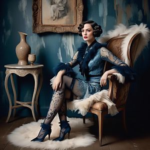 Elegant 1920s Vintage Style Woman Sitting in Armchair in Classic Interior