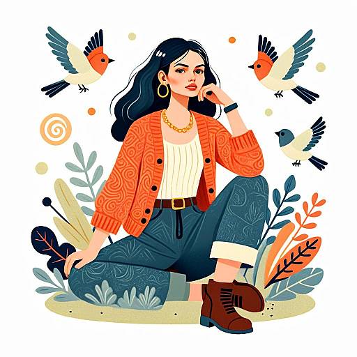 Stylish Young Woman Sitting with Birds and Abstract Foliage Digital Illustration