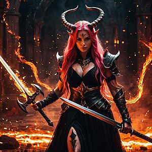 Fantasy Demon Woman Warrior with Dual Swords and Horns in Fiery Dark Environment