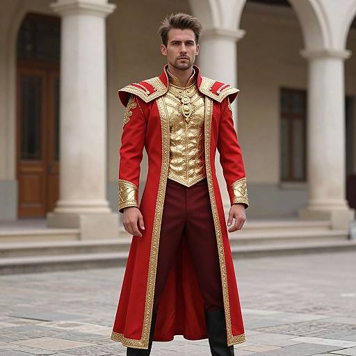 Man in Regal Red and Gold Costume Standing Outdoors