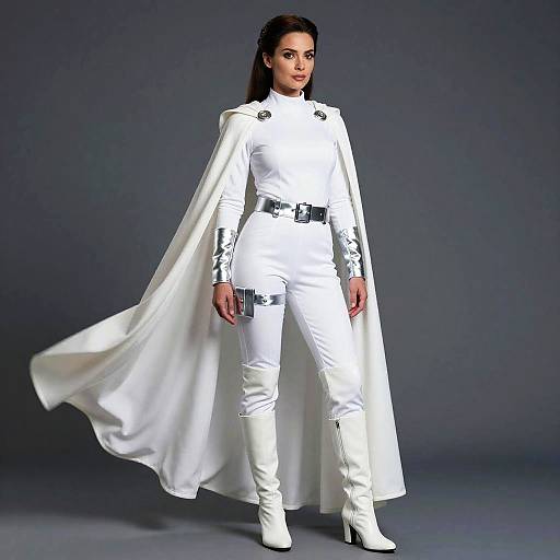Futuristic Woman in White Sci-Fi Costume with Cape and Metallic Accents