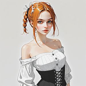 Young Woman with Blue Eyes and Red Hair in Anime Style