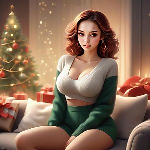 Young Woman on Sofa with Christmas Tree
