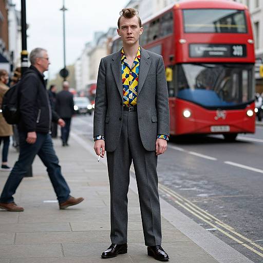 Stylish Man in Grey Suit with Patterned Shirt on London Street with Red Double-Decker Bus