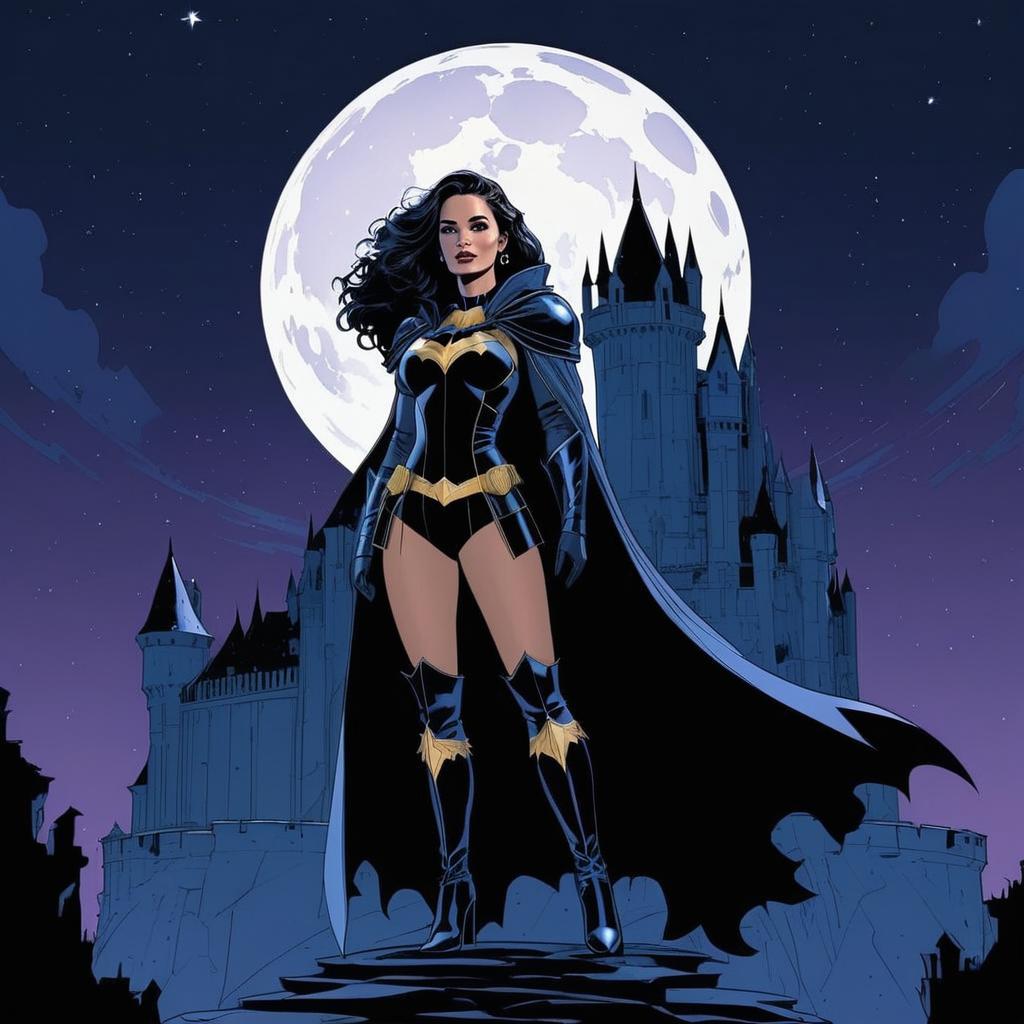 Woman in Dark Costume with Cape by Full Moon and Gothic Castle