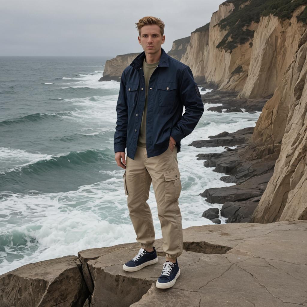 Confident Man on Rocky Cliff with Stormy Ocean