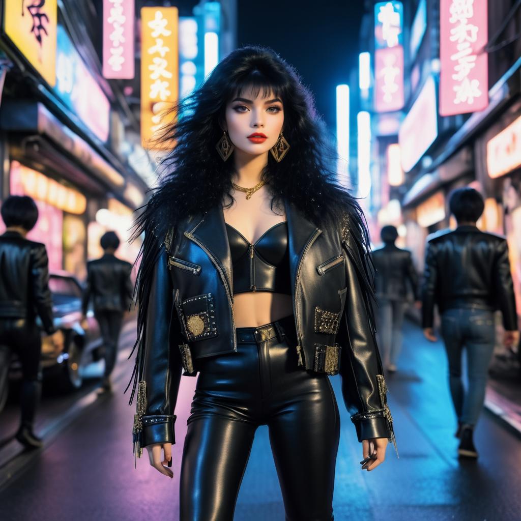 Confident Woman in Neon Cyberpunk Street Fashion