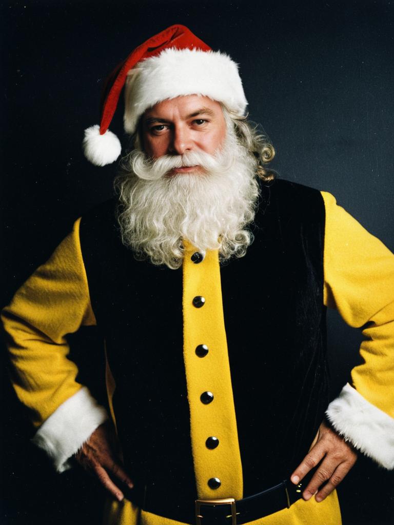Man Wearing Black and Yellow Santa Suit with Traditional Hat
