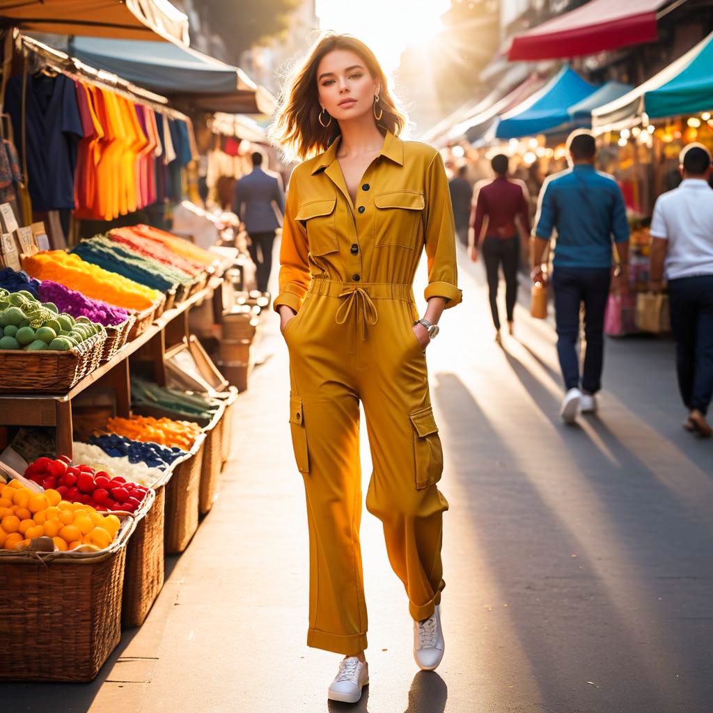 Stylish woman in yellow jumpsuit at vibrant marketplace