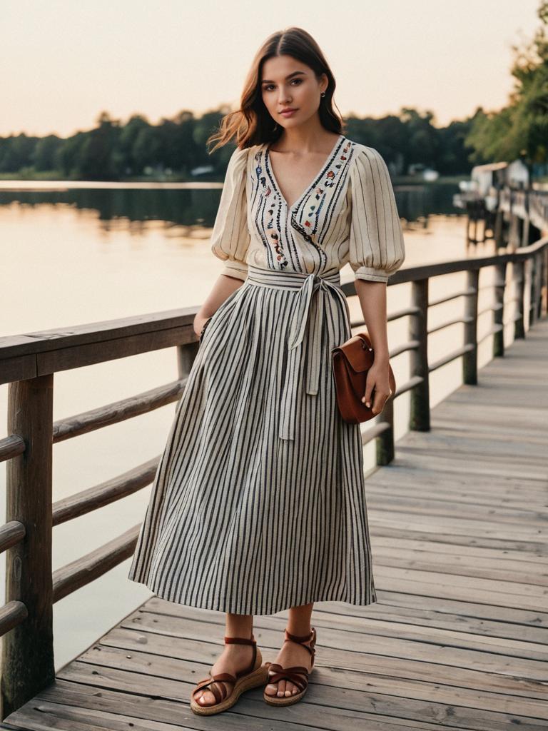Elegant Woman in Striped Embroidered Dress on Lakeside Wooden Dock
