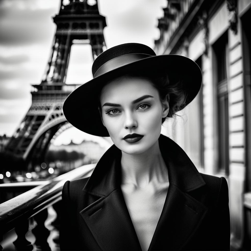 Elegant Black-and-White Portrait of a Woman in Hat