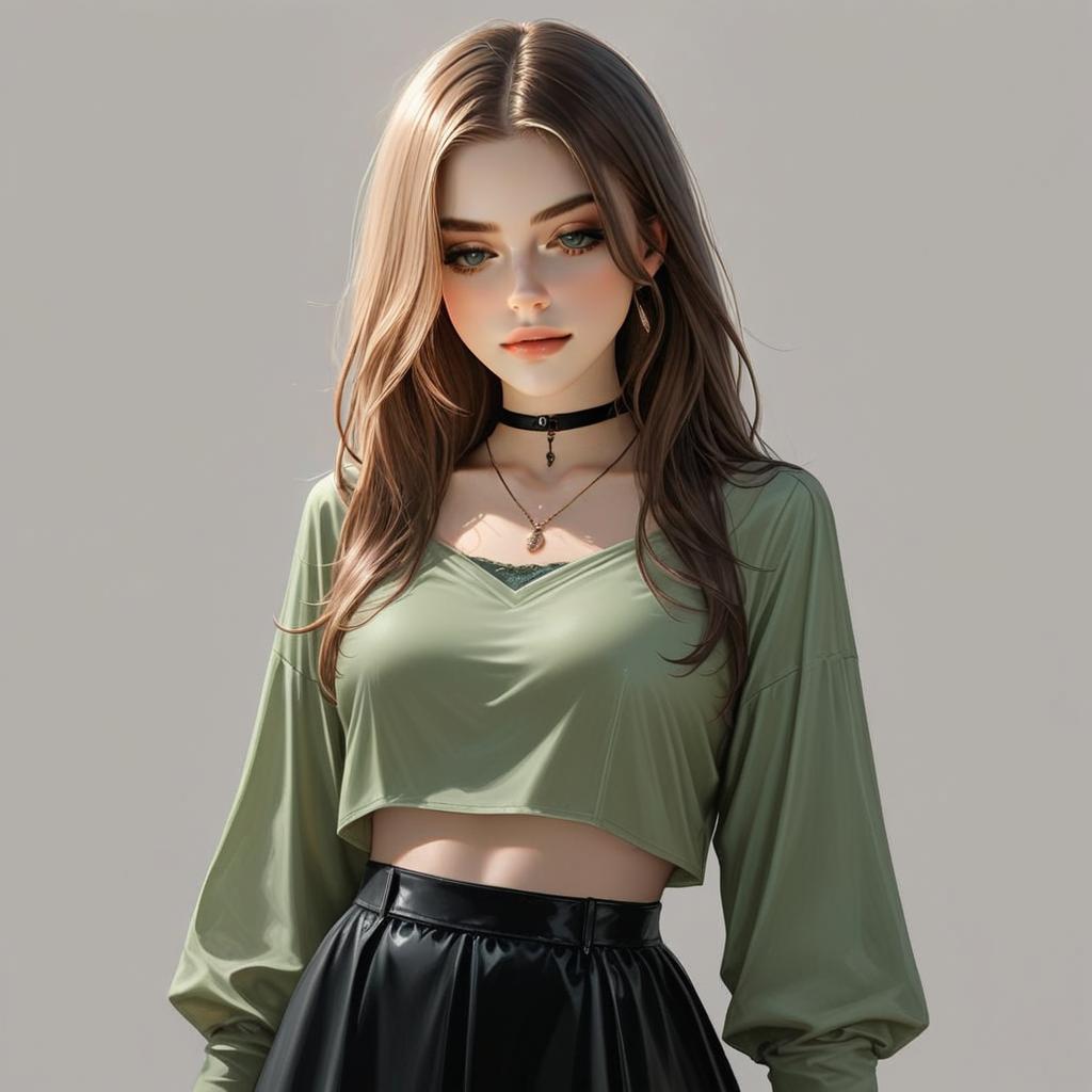 Semi-Realistic Digital Illustration of Young Woman in Olive Green Cropped Top and Black Skirt