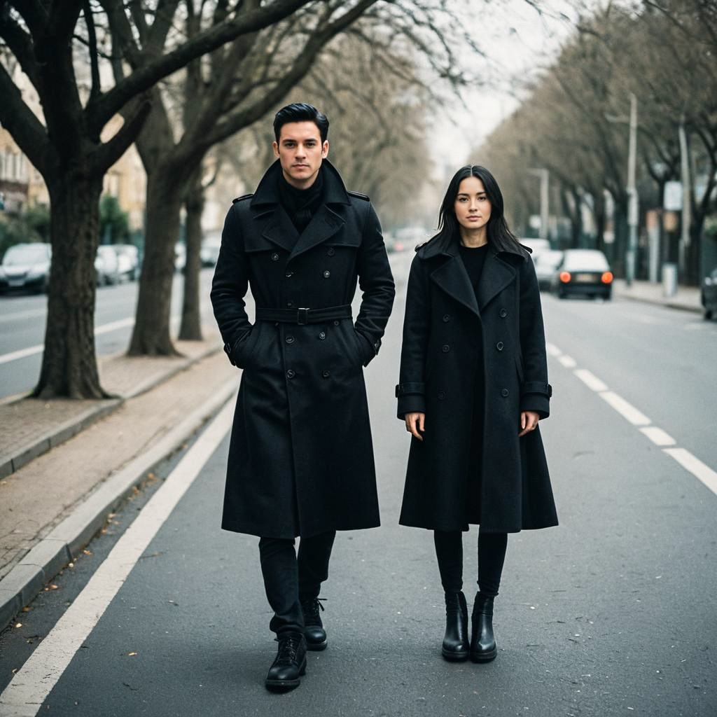Stylish Man and Woman in Black Coats on Urban Street Stylish Man and Woman in Black Coats on Urban Street