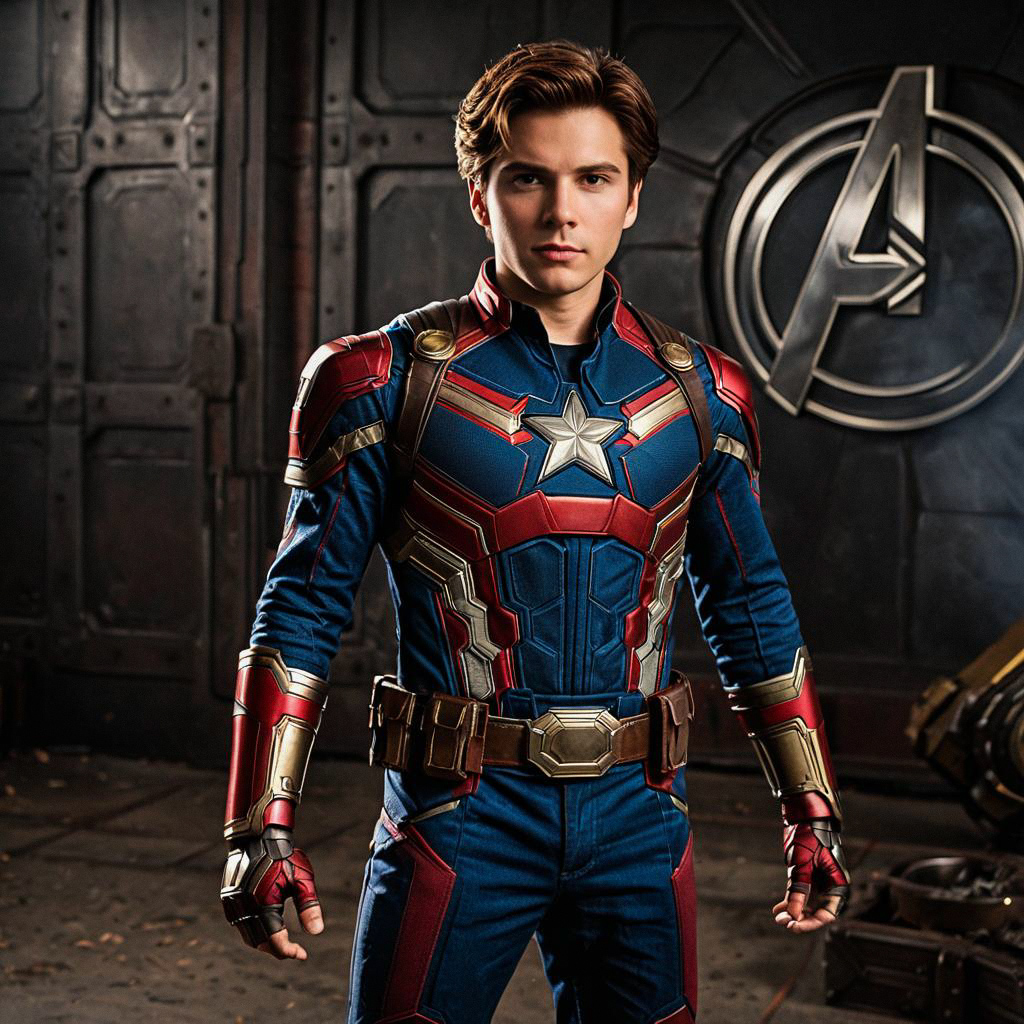 Young Man in Superhero Costume with Star Emblem Young Man in Superhero Costume with Star Emblem