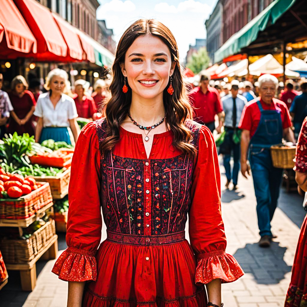 Radiant Woman in Red Dress at Vibrant Market