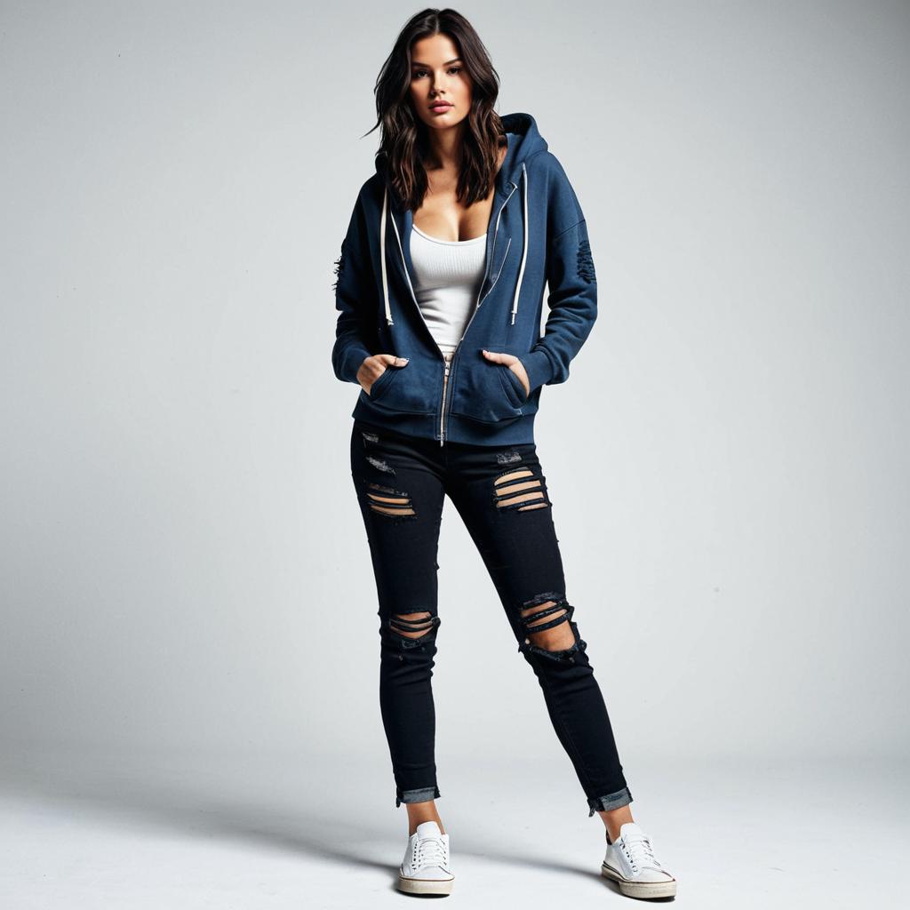 Stylish Young Woman in Blue Hoodie and Distressed Jeans
