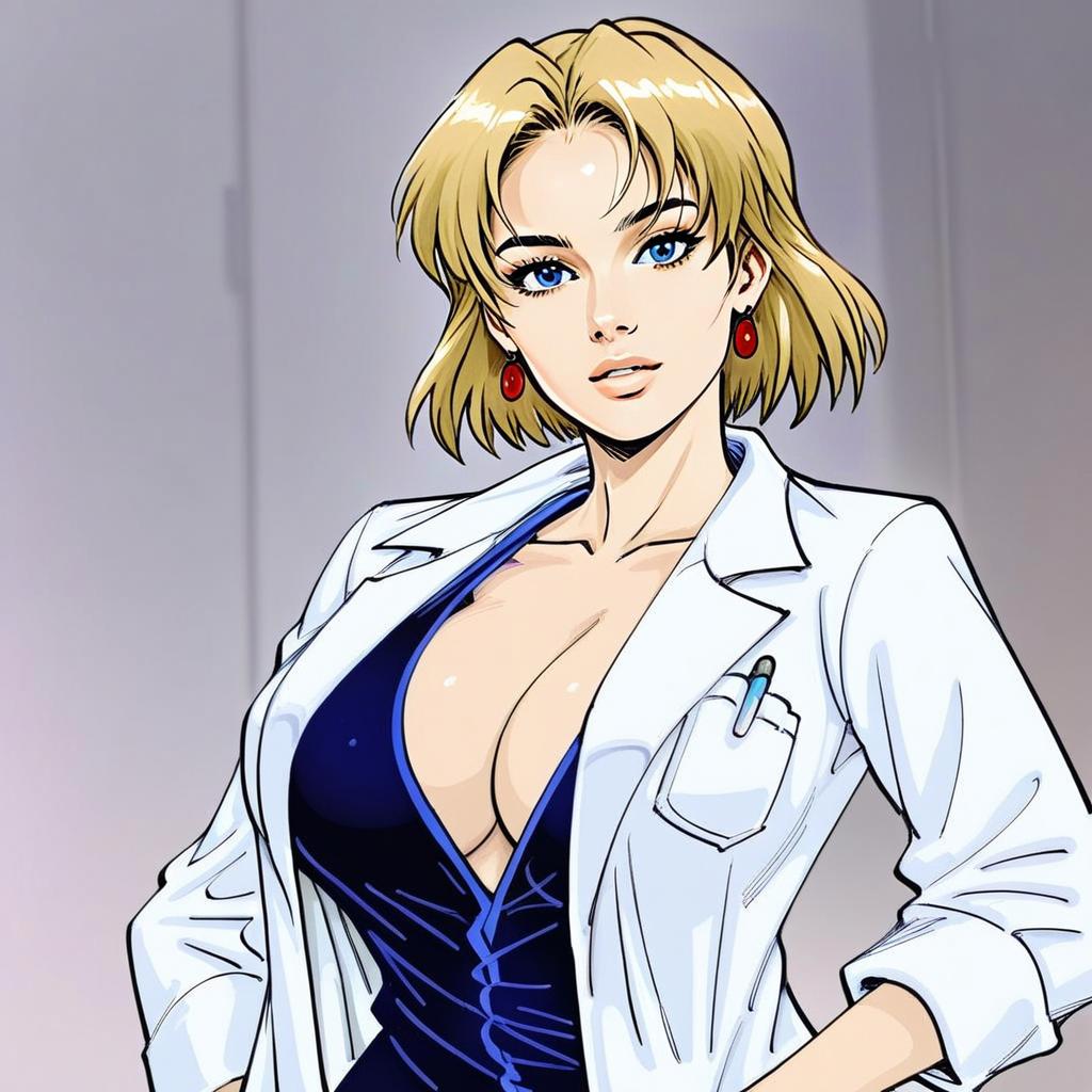 Confident Blonde Woman in Lab Coat Anime Style Portrait