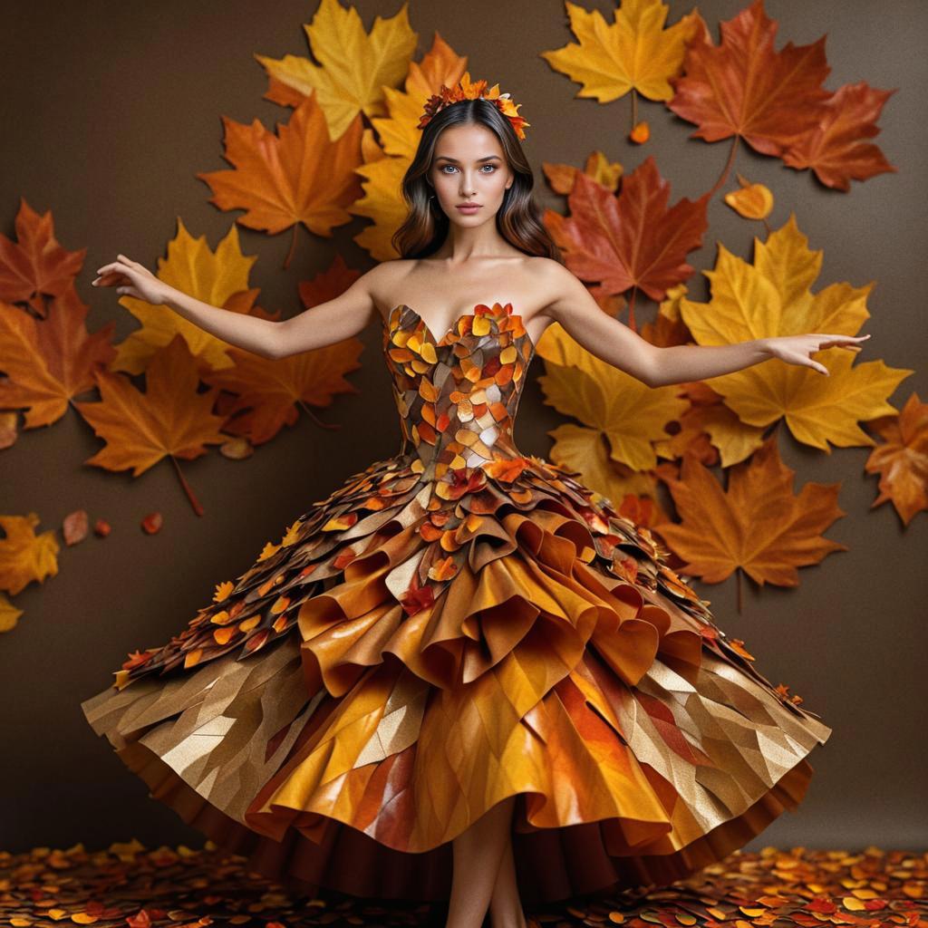 Model in Autumn-Themed Dress of Leaves