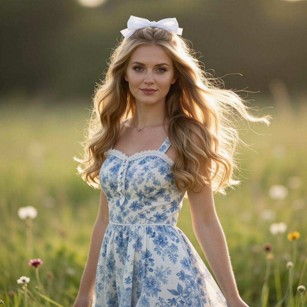 Young Woman in Floral Dress Standing in Sunlit Meadow