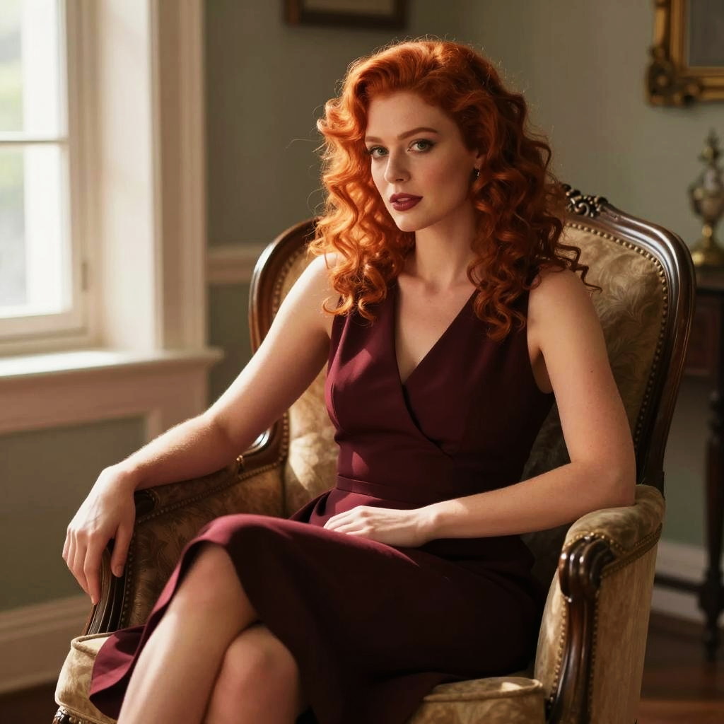 Elegant Woman with Red Curly Hair in Burgundy Dress Sitting Indoors