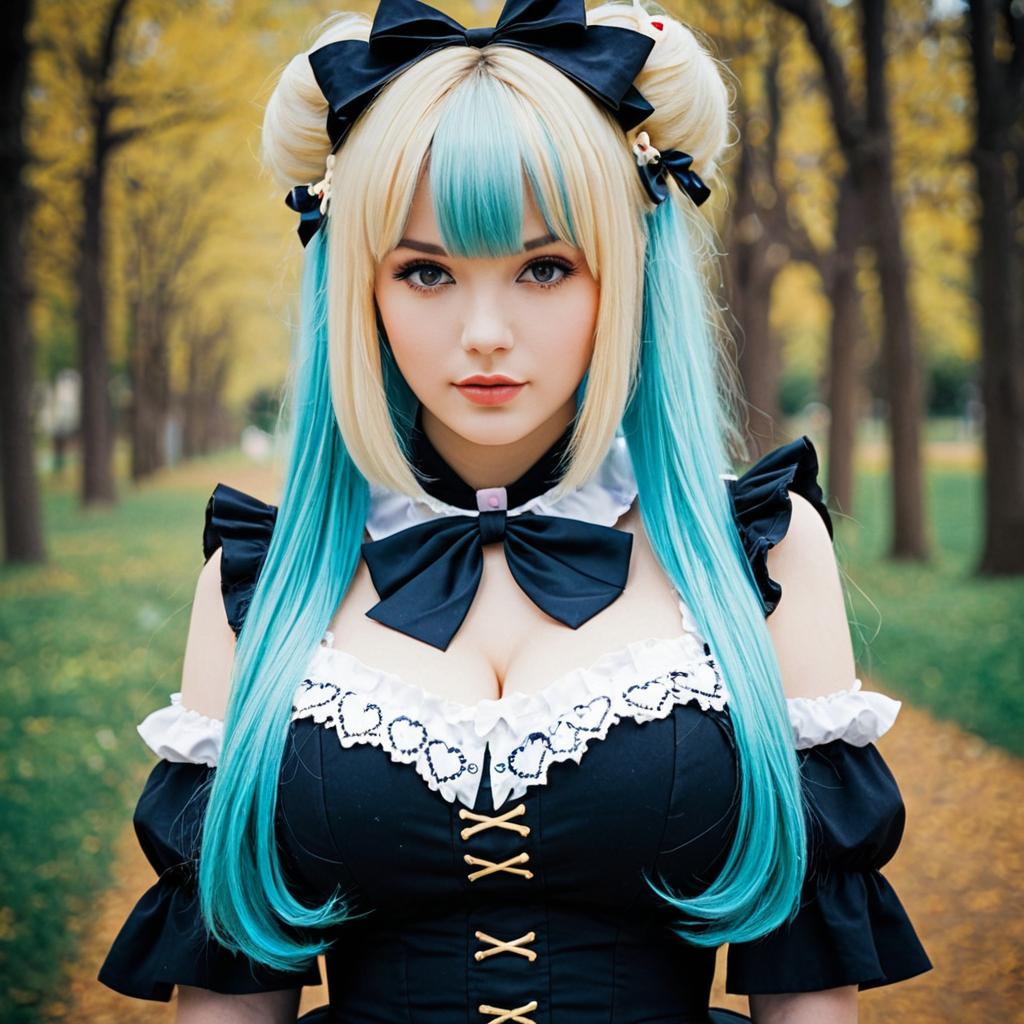 Gothic Lolita Woman with Blonde and Turquoise Hair in Autumn Park