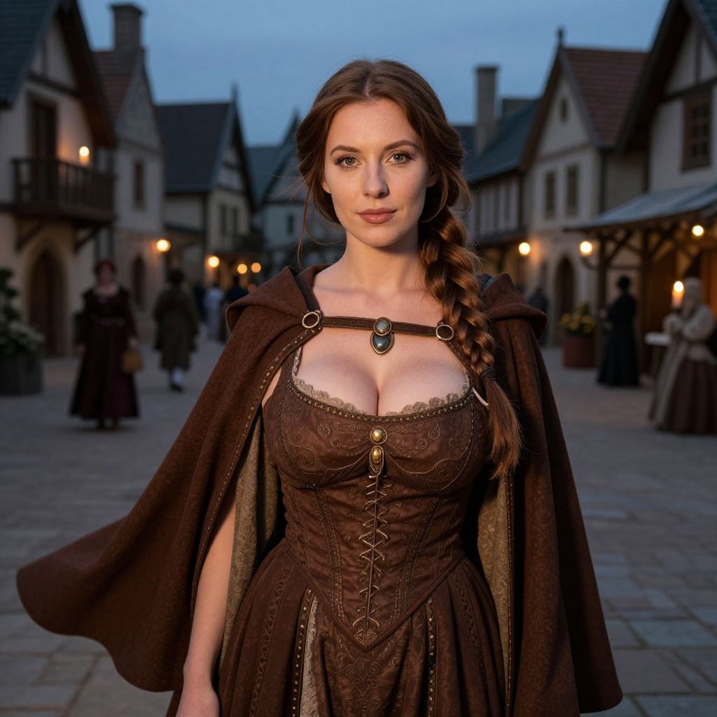 Medieval Woman in Brown Gown and Cloak on Historic Village Street