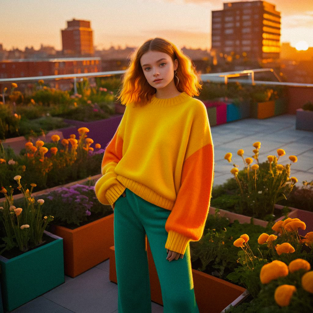 Confident Woman in Colorful Sweater at Sunset