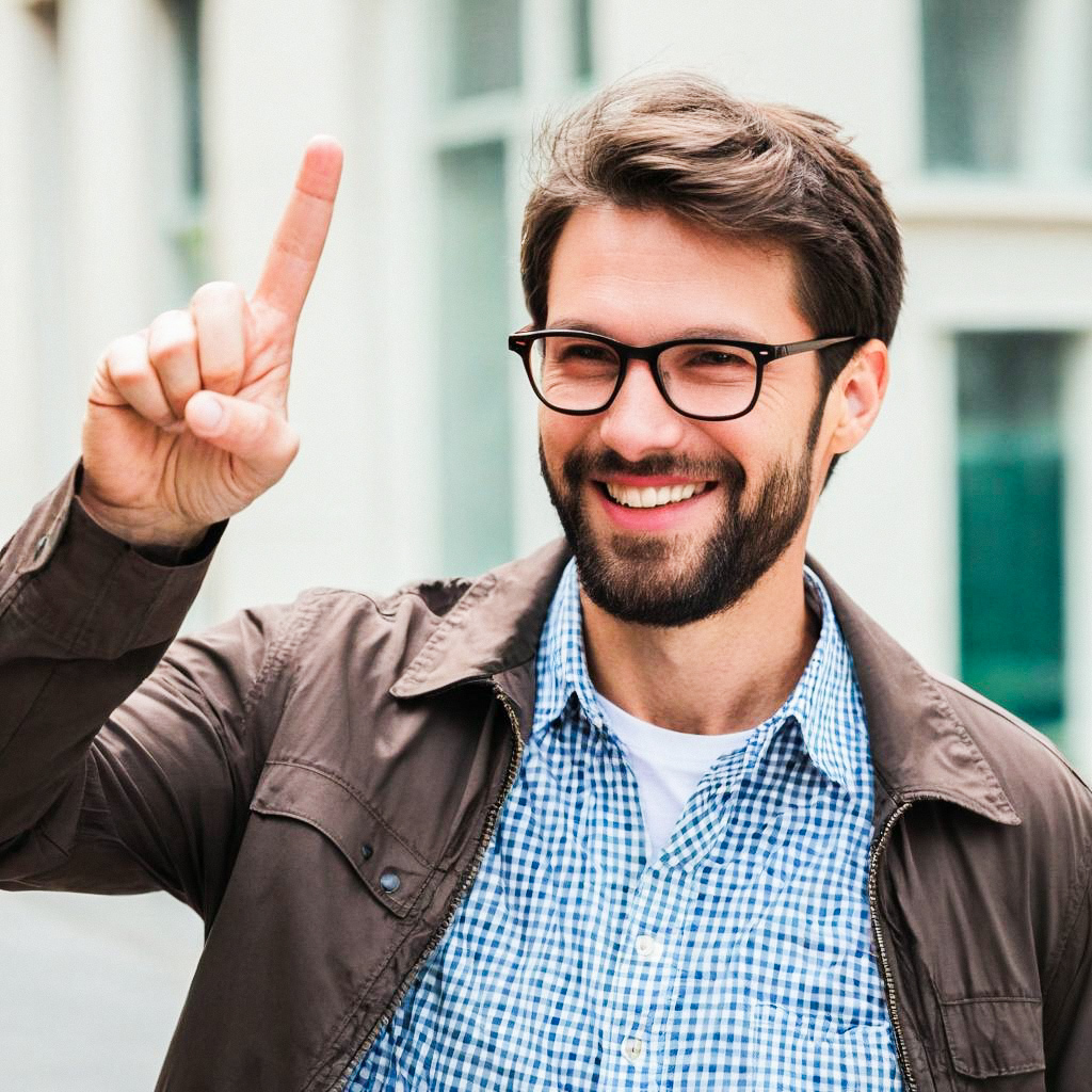 Cheerful man with glasses and beard in urban setting Cheerful man with glasses and beard in urban setting