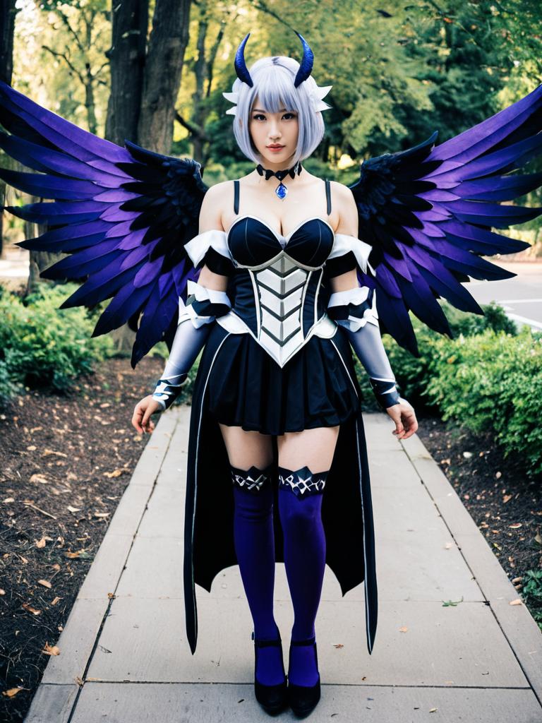 Odin Sphere Fantasy Cosplay Woman with Purple Wings and Horned Headpiece