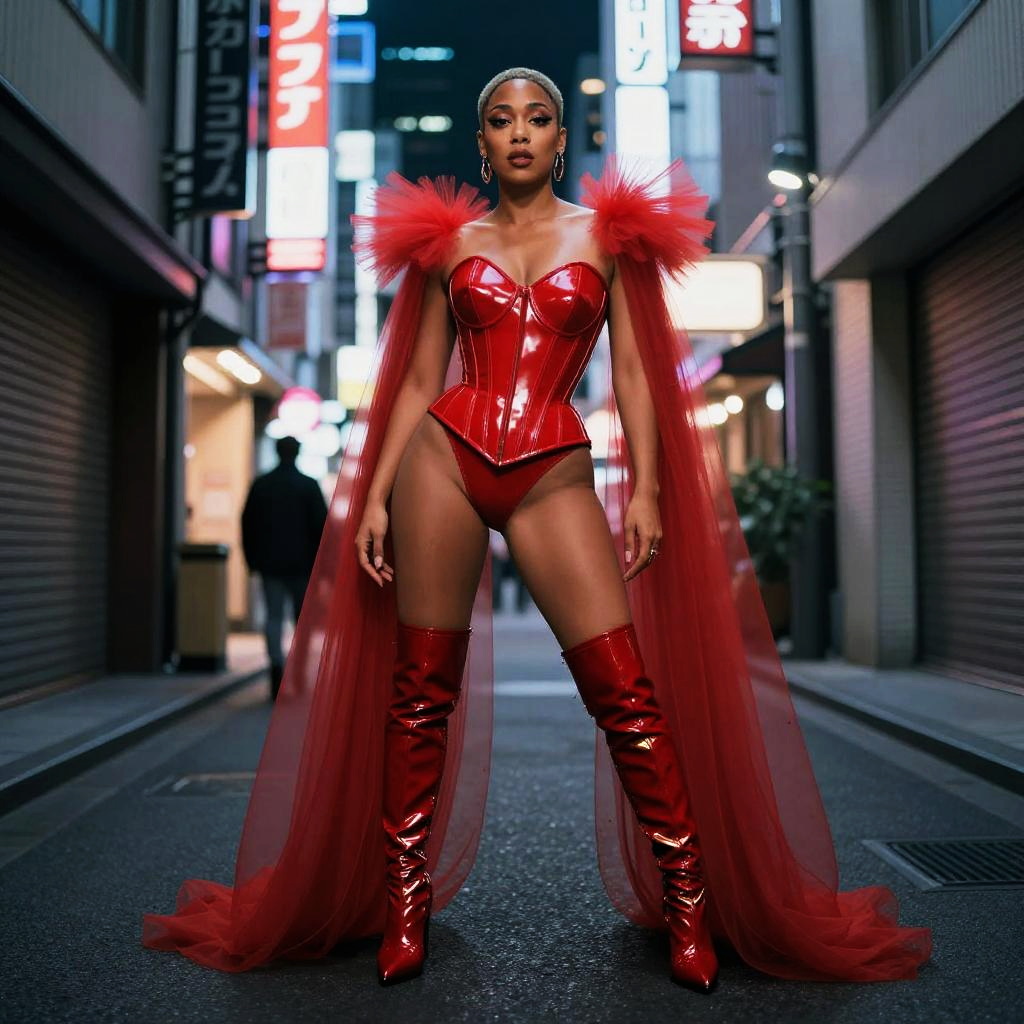 Woman in Red Latex Corset and Tulle Cape Night Fashion in Urban City