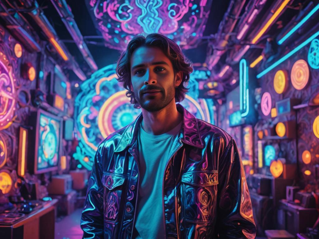 Stylish man in neon-lit background